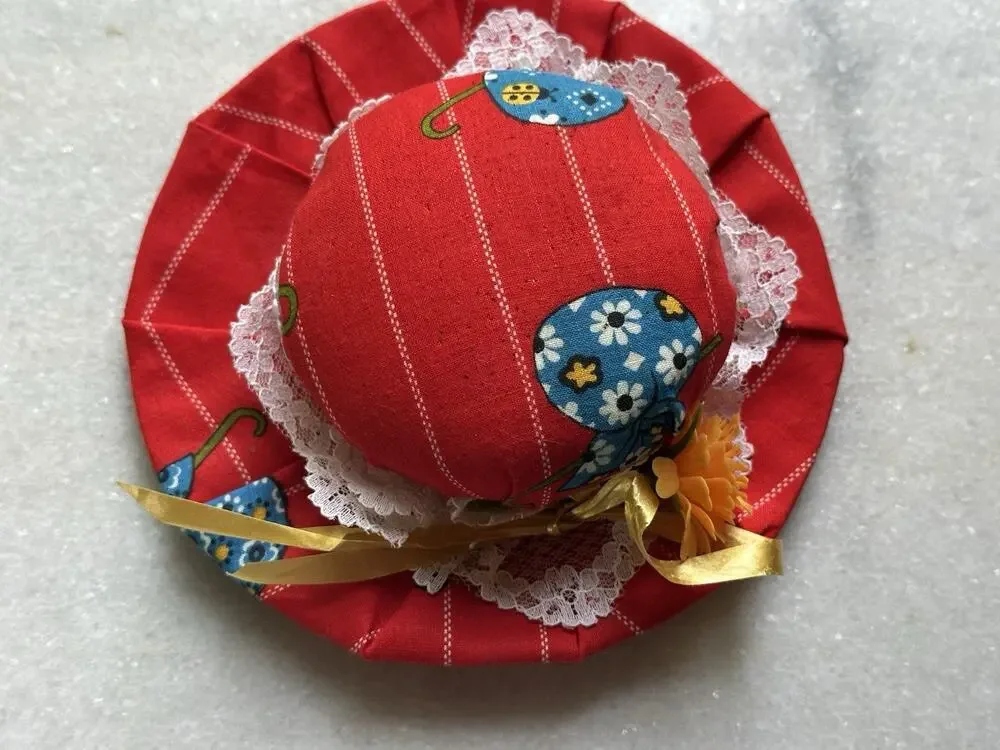 red hat Pin Needle Cushion vintage lacy brim flower sewing Accessories 6” X 6”